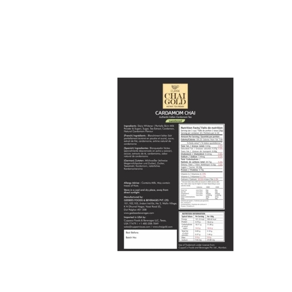 Cuppa Chai Gold Cardamom Chai | Sweetened Version | Pack of 1 (10 Count) - Picture 2 of 3